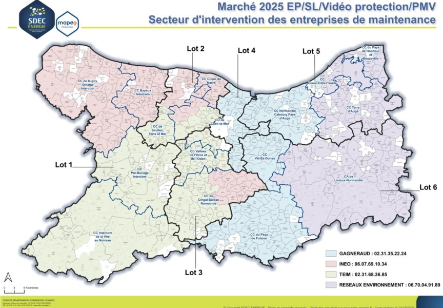 Cartographie : secteur d'intervention des entreprises de maintenance GAGNERAUD, INEO, TEIM et RESEAUX ENVIRONNEMENT pour l'éclairage public, la signalisation lumineuse, la vidéoprotection et les panneaux à messages variables (PMV) depuis 2025