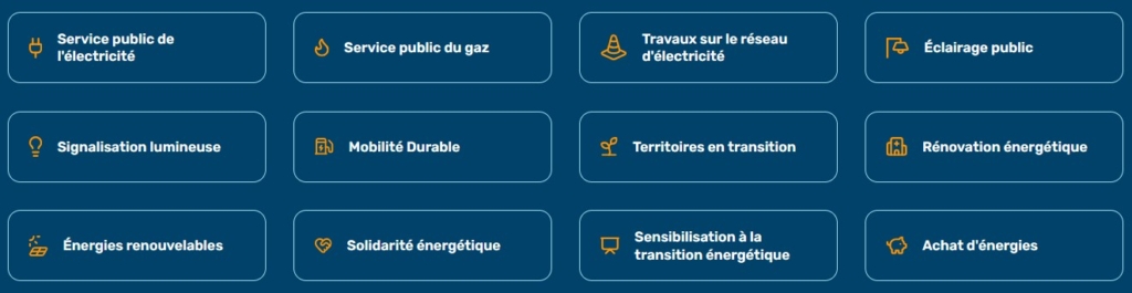 Illustration des missions du SDEC ÉNERGIE : service public de l'électricité, service public du gaz, travaux sur le réseau d'électricité, éclairage public, signalisation lumineuse, mobilité durable, territoires en transition, rénovation énergétique, énergies renouvelables, solidarité énergétique, sensibilisation à la transition énergétique, achat d'énergies